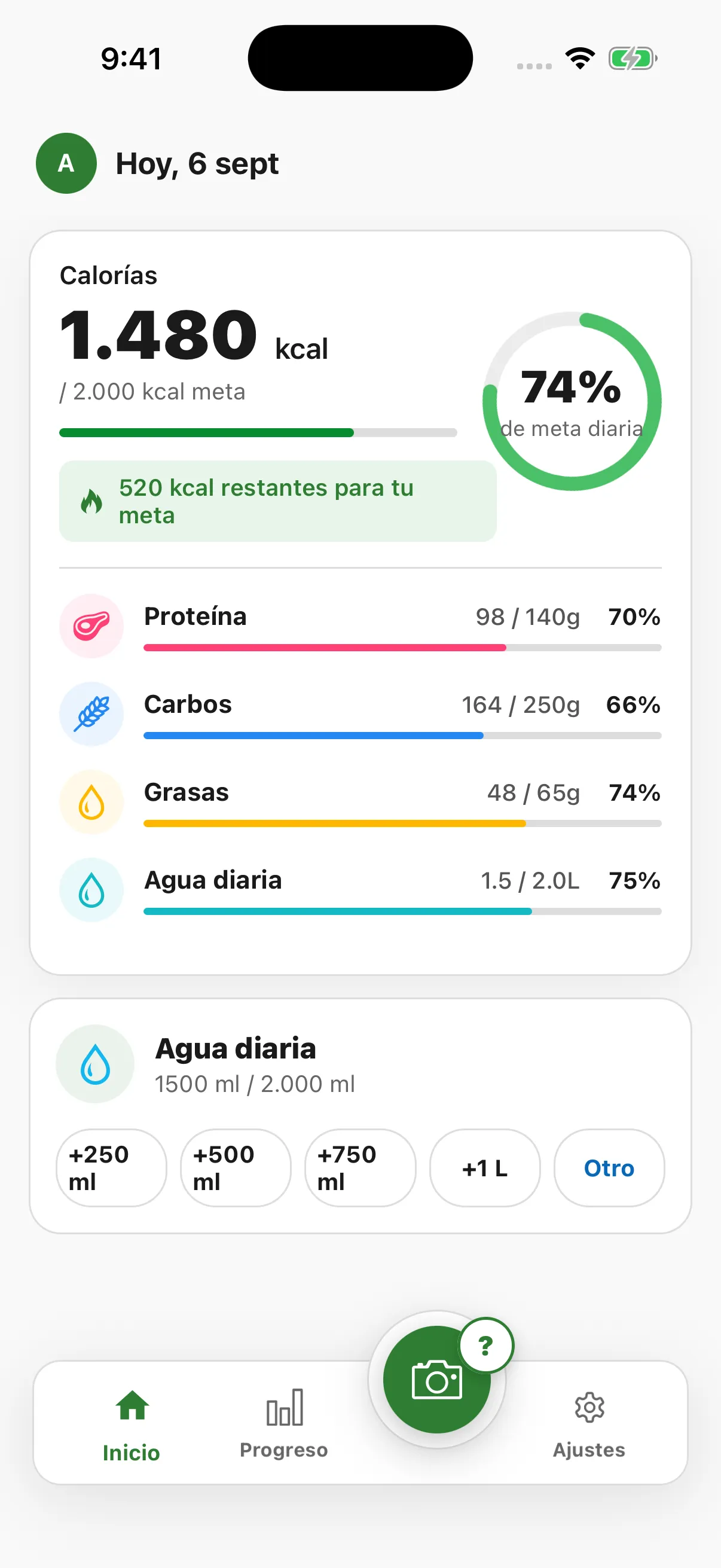 Vista ilustrativa de ScanMacros con el resumen diario de calorías, macronutrientes y agua